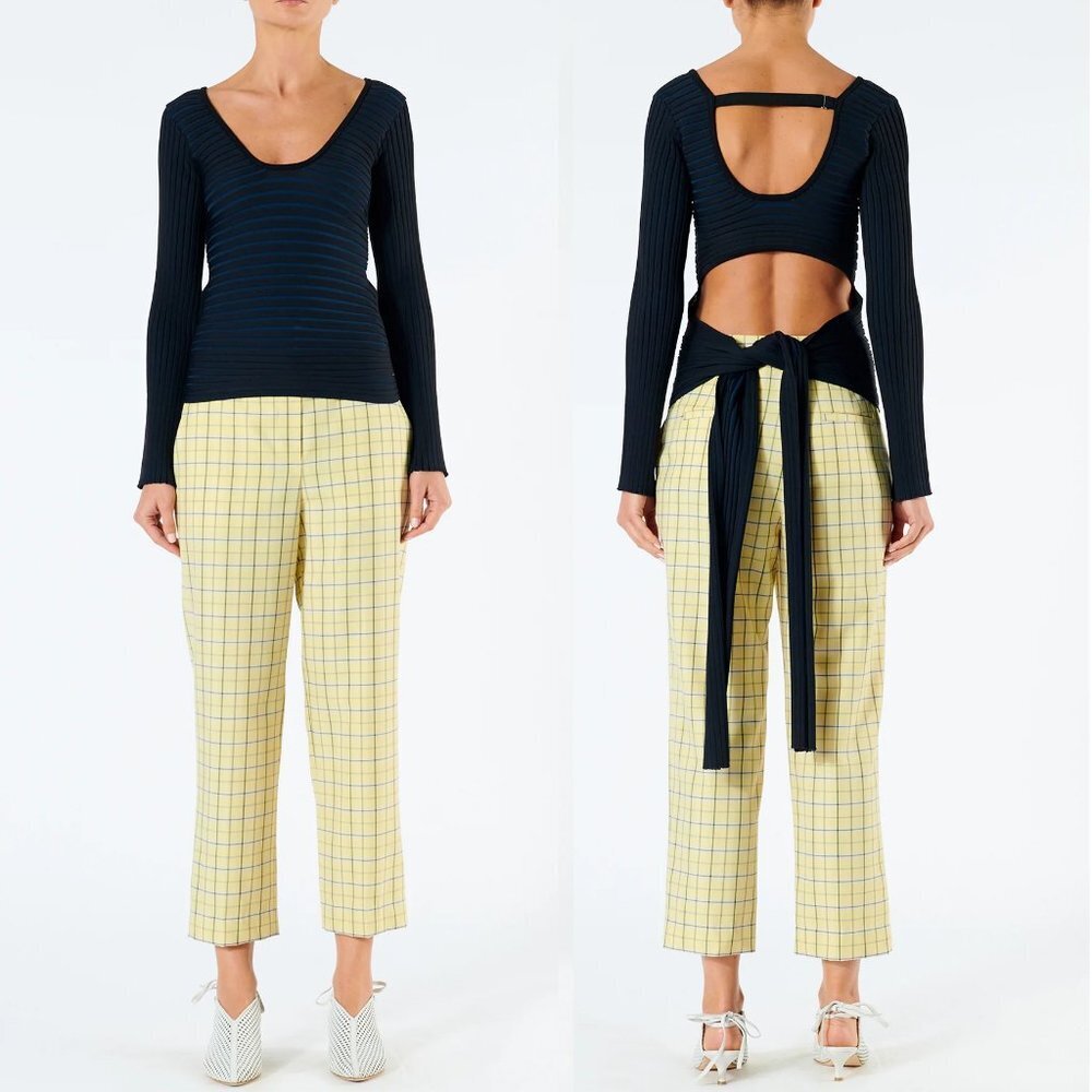Tibi Tech Poly Ribbed Decollette Wrap Sweater in  Blue Black Large NWT